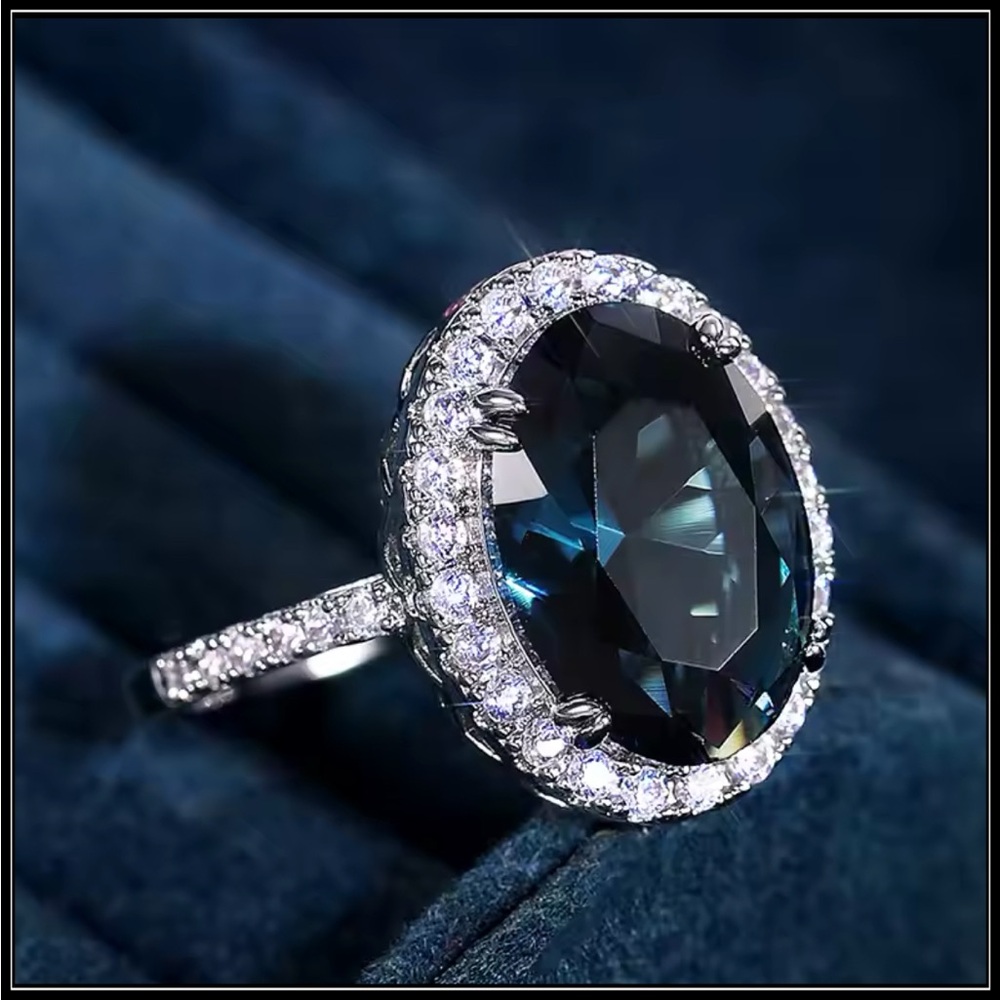 Clearance! NEW SILVER OVAL OCEAN LONDON BLUE SIMULATED DIAMOND RING 8 - Picture 3 of 5